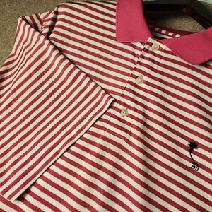 FOOTJOY 1911 Palm‎ Tree Striped Polo Shirt Pink Collar Men's Golf Casual